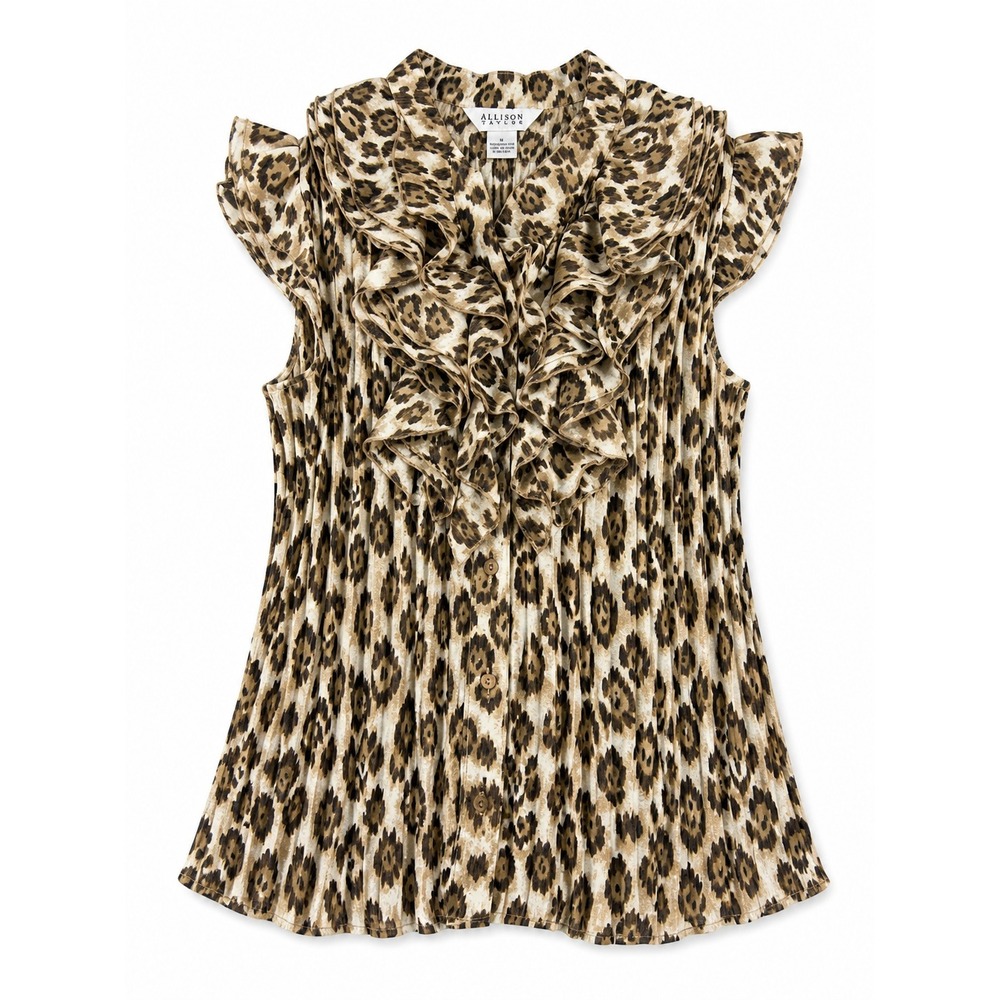 Allison Taylor Women Blouse Large Leopard Ruffle Pleated Chic Mob Wife Top
